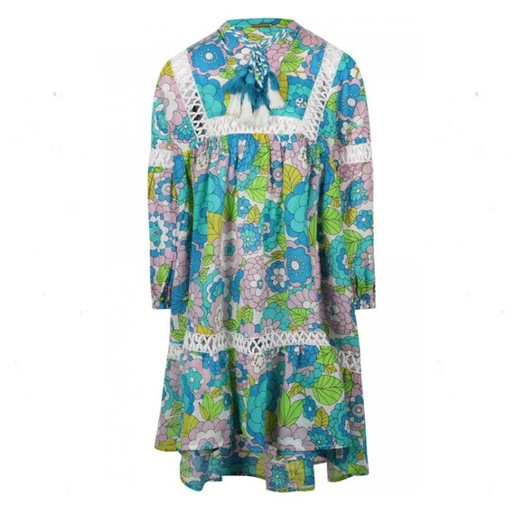 Dodo Bar Or Green Floral Retro Long Sleeve Girl's Cinch Waist Casual Dress - Picture 1 of 11
